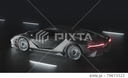 3d render A sports car drives at speed on a road with neon lights 79673522