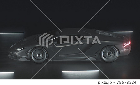 3d render A sports car drives at speed on a road with neon lights 79673524