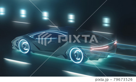 3d render Sports cyber neon car rushes on the night road with neon lights 3d render Sports cyber neon car rushes on the night road with neon lights 79673526