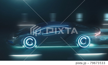 3d render Sports cyber neon car rushes on the night road with neon lights 79673533
