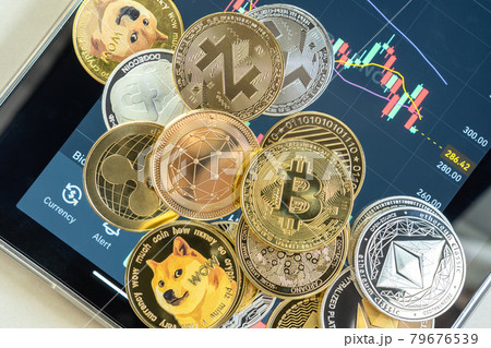 Cryptocurrency on Binance trading app, Bitcoin BTC with BNB, Ethereum, Dogecoin, Cardano, Litcoin, altcoin digital coin crypto currency defi p2p decentralized finance and fintech banking market 79676539
