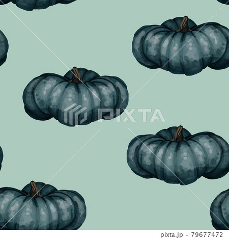Seamless watercolor pattern with green, white end rose pumpkins and autumn leaves. Design for wrapping paper decoration, background 79677472