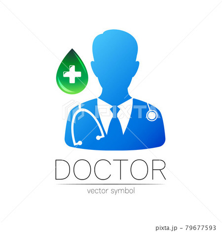 Doctor vector logotype in blue color with green drop and cross. Silhouette medical man. Logo for clinic, hospital, health, medicine and business. Template for web, identity modern style. 79677593