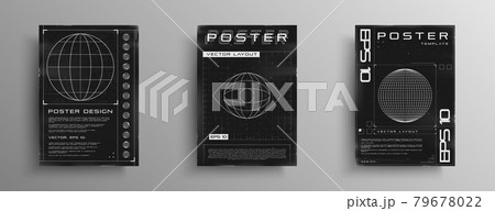 Set of retrofuturistic posters with HUD elements, broken laser grid, wireframe planet, and planet inside eye shape. Black and white retro cyberpunk style poster cover design. Vector 79678022