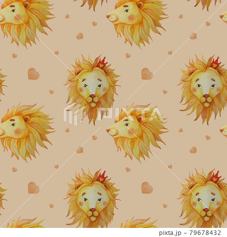 Seamless pattern. Lions with mane on a beige background with hearts. Watercolor. Hand drawing for design, decor, textiles, wallpaper, packaging, childrens collection 79678432