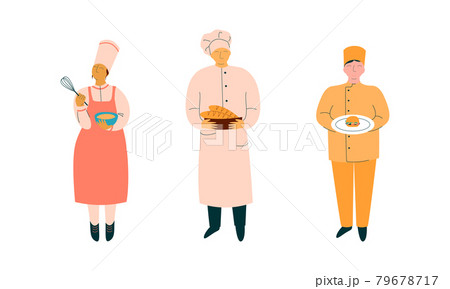 Chef Character in Apron and Toque Preparing Food at Restaurant Kitchen Vector Set Chef Character in Apron and Toque Preparing Food at Restaurant Kitchen Vector Set 79678717