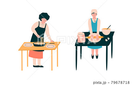 Chef Character in Apron and Toque Preparing Food at Restaurant Kitchen Vector Set 79678718