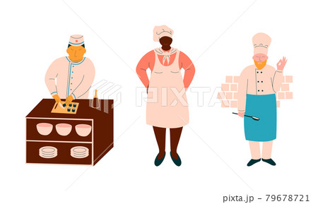 Chef Character in Apron and Toque Preparing Food at Restaurant Kitchen Vector Set Chef Character in Apron and Toque Preparing Food at Restaurant Kitchen Vector Set 79678721