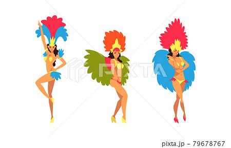Bright Brazilian Female Samba Dancer Posing in Feathered Costume Vector Set Bright Brazilian Female Samba Dancer Posing in Feathered Costume Vector Set 79678767