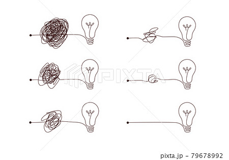 Complex to simple way to create idea - messy clew symbols with light bulb. 79678992