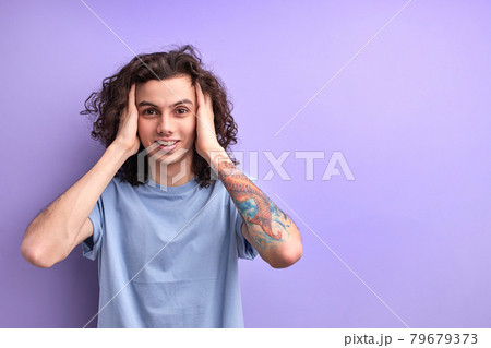 Thoughtful guy touching head, conceived plan, made decision 79679373
