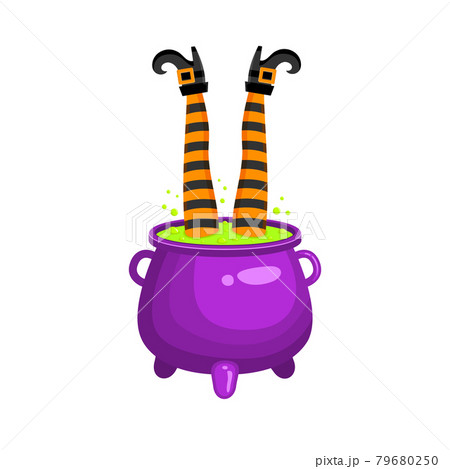 Witch legs sticking out of cauldron with green bubbling liquid or magic potion. Halloween design element isolated on white background. Vector cartoon illustration Witch legs sticking out of cauldron with green bubbling liquid or magic potion. Halloween design element isolated on white background. Vector cartoon illustration 79680250