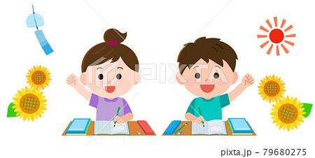 夏休み 宿題 勉強をする男の子と女の子 イラストのイラスト素材
