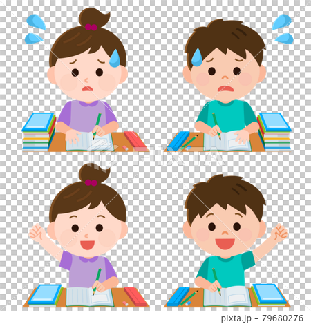 宿題や勉強をあせってする子供と余裕を持ってする子供 イラストのイラスト素材