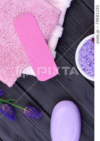 Vertical shot soap with towel and copy space. Vertical shot soap with towel and copy space. 79681191