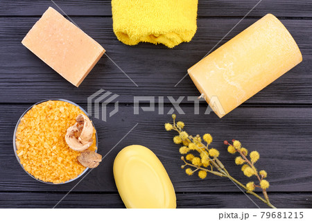 Flat lay yellow spa stuff arranged in a circle. Flat lay yellow spa stuff arranged in a circle. 79681215