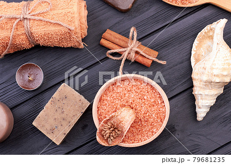 Flat lay accessories for bathrom and spa treatment. Flat lay accessories for bathrom and spa treatment. 79681235