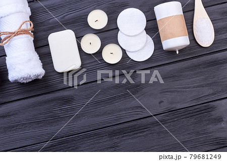 Row of white spa treatment accessories and copy space. 79681249