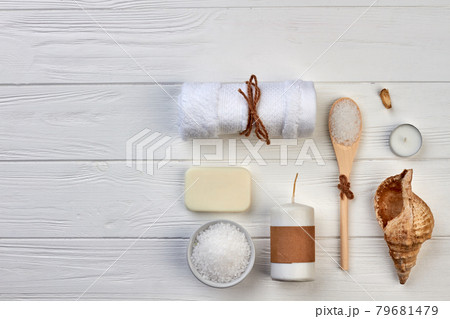 Top view arrangement of spa bath accessories on white desk. Top view arrangement of spa bath accessories on white desk. 79681479