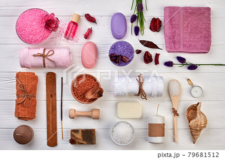 Bath and spa accessories on white desk flat lay. 79681512