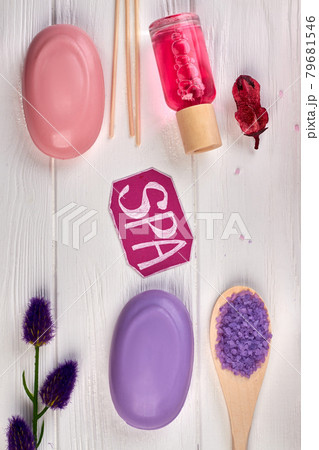 Spa healthcare accessories for beauty flat lay. 79681546