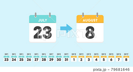 東京オリンピックの競技日程のカレンダーセット 7月8月のイベント 競技会 フェス等のスケジュール素材のイラスト素材