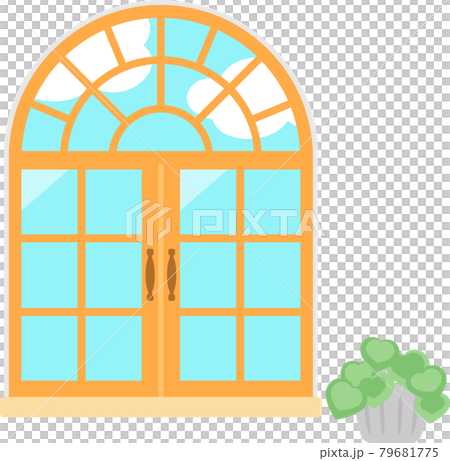 上部がアーチ型の木製枠の両開き窓のイラスト素材