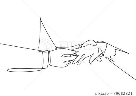 Single one line drawing groom puts ring on finger of bride. Bride and groom make vow of loyalty on their wedding day. Marriage ceremony celebration concept. Modern continuous line draw design graphic 79682821