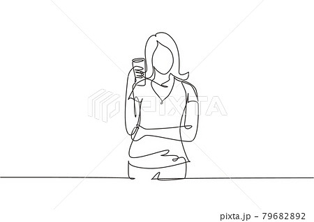 Single one line drawing portrait of happy young beautiful female holding glass of orange juice. Make her refreshing in summer season. Modern continuous line draw design graphic vector illustration Single one line drawing portrait of happy young beautiful female holding glass of orange juice. Make her refreshing in summer season. Modern continuous line draw design graphic vector illustration 79682892