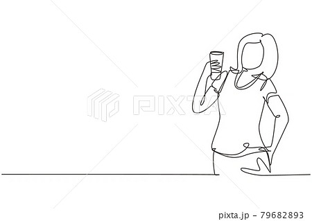 Single continuous line drawing portrait of happy young beautiful woman holding glass of orange juice. Make her refreshing in summer season. Dynamic one line draw graphic design vector illustration Single continuous line drawing portrait of happy young beautiful woman holding glass of orange juice. Make her refreshing in summer season. Dynamic one line draw graphic design vector illustration 79682893