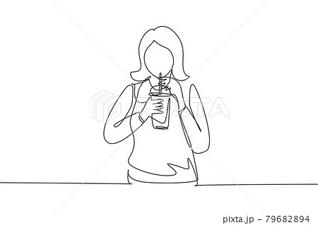 Single continuous line drawing beautiful woman hold plastic cup and drink iced green tea with straw. Make her refreshing in summer season. Dynamic one line draw graphic design vector illustration Single continuous line drawing beautiful woman hold plastic cup and drink iced green tea with straw. Make her refreshing in summer season. Dynamic one line draw graphic design vector illustration 79682894