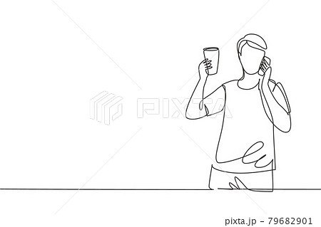 Single continuous line drawing young handsome man drinking orange juice while making phone call with smartphone and having breakfast at home. Dynamic one line draw graphic design vector illustration 79682901