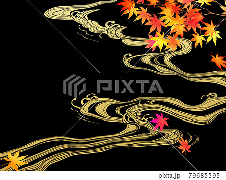 紅葉と波の和風背景 79685595