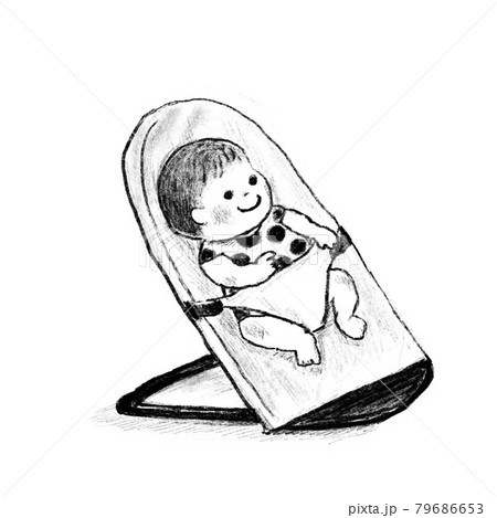 バウンサーに乗る赤ちゃん モノクロ のイラスト素材