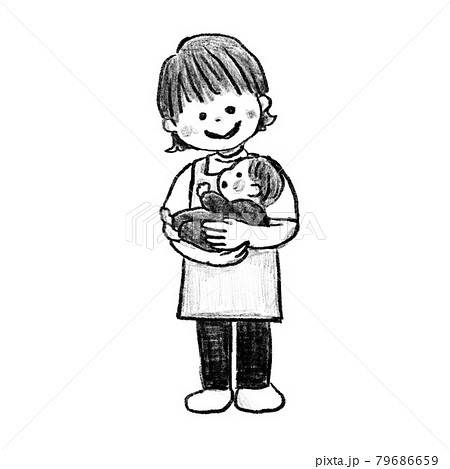 赤ちゃんを抱っこする保育士 モノクロ のイラスト素材