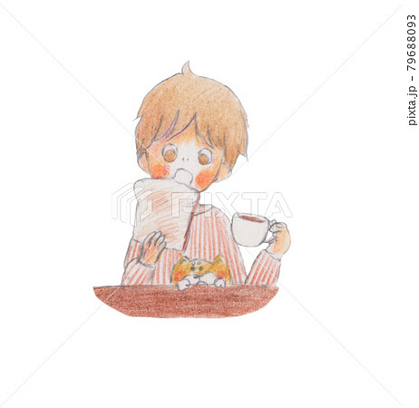 手描きイラスト トーストを食べる男の子と犬のイラスト素材