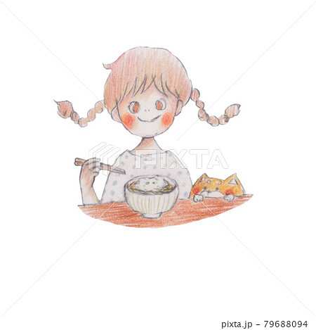 手描きイラスト とろろそばを食べる女の子と犬のイラスト素材