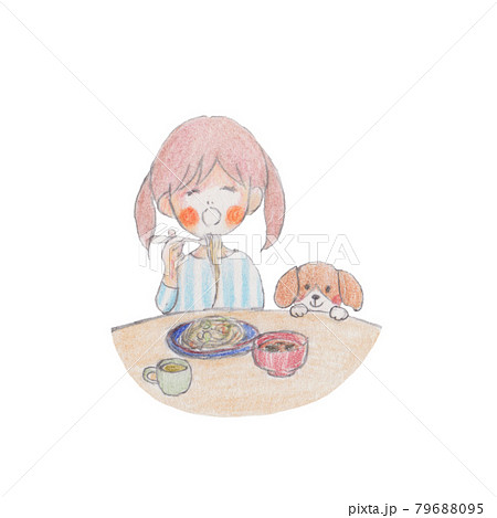 手描きイラスト スパゲティと味噌汁を食べる女の子と犬のイラスト素材 手描きイラスト スパゲティと味噌汁を食べる女の子と犬のイラスト素材