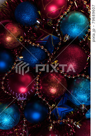 Christmas holidays composition with red, blue balls. Christmas holidays composition with red, blue balls. 79689607