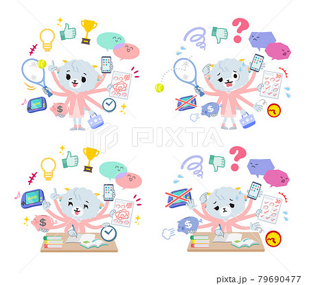 マルチタスクをこなすひつじの女の子のセットのイラスト素材