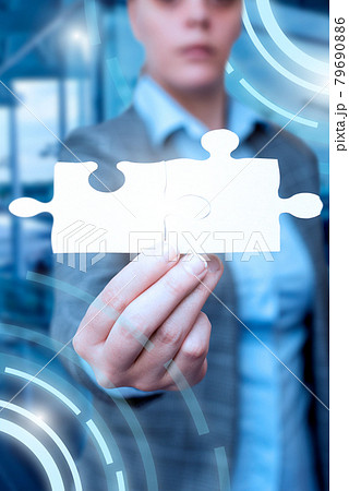 Business Woman Holding Jigsaw Puzzle Piece Unlocking New Futuristic Technologies. Palm Carrying Puzzles Part Displaying Solving Late Innovative Virtual Ideas. Business Woman Holding Jigsaw Puzzle Piece Unlocking New Futuristic Technologies. Palm Carrying Puzzles Part Displaying Solving Late Innovative Virtual Ideas. 79690886