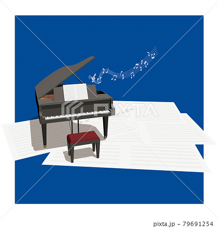 黒いピアノと五線紙の音楽イメージ 左側 ベクターイラストのイラスト素材