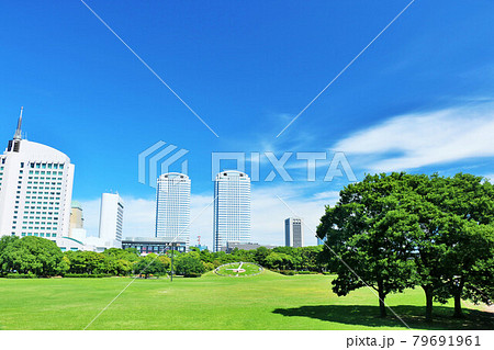 青空の街並みと公園 79691961