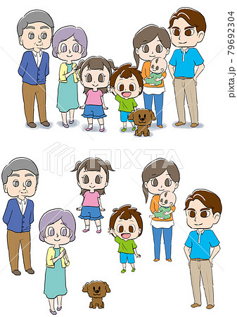 家族が三世代集まり立っているイラスト 個別のカットとしても使用可能のイラスト素材