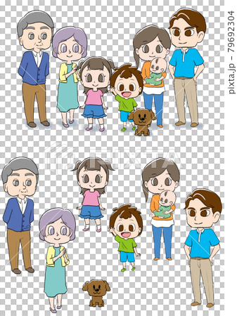 家族が三世代集まり立っているイラスト 個別のカットとしても使用可能のイラスト素材