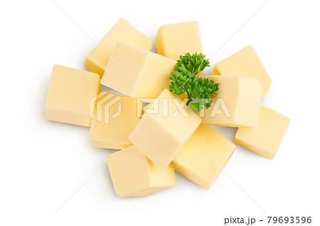 butter cubes isolated on white background with clipping path and full depth of field. Top view. Flat lay 79693596