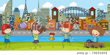 Outdoor scene with many kids playing in the park Outdoor scene with many kids playing in the park 79693609