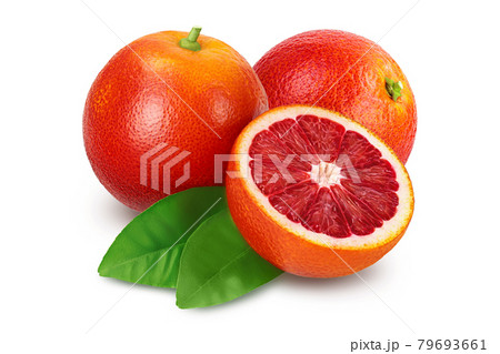 Blood red oranges with half isolated on white background with clipping path and full depth of field 79693661