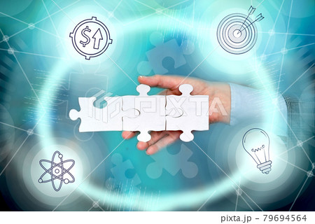 Hand Holding Jigsaw Puzzle Piece Unlocking New Futuristic Technologies. Palm Carrying Puzzles Part Displaying Solving Late Innovative Virtual Ideas. 79694564