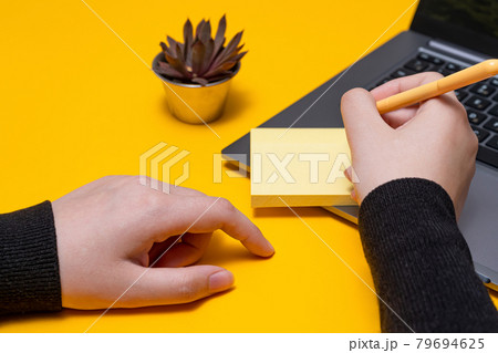 Woman Hand Holding Blank Notes Writing New Messege Updates Ideas Next To Laptop. Lady Palm Showing Envelope Folding Sending Letters Post Address And Email Computer. 79694625